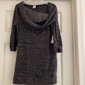 Bobbie Brooks thin sheer sweater gray with black lace cowl neck  size medium New